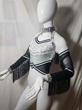 balera White and Black Long Sleeve Fringe Performance Top with Sequin Accents